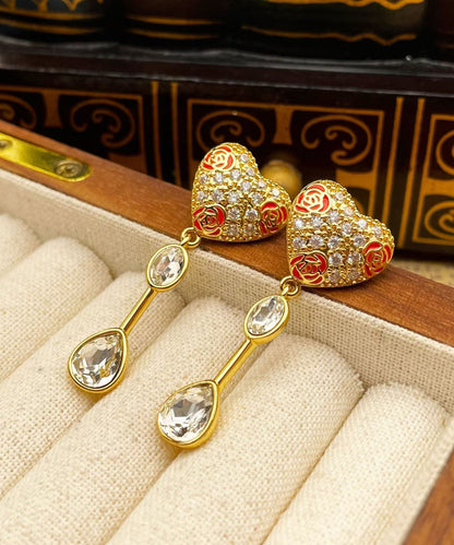 Boutique Gold Copper Overgild Zircon Drop Glaze Love Glass Tassel Drop Earrings