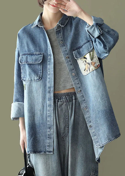 Blue Pockets Print Patchwork Denim Coats Peter Pan Collar Spring