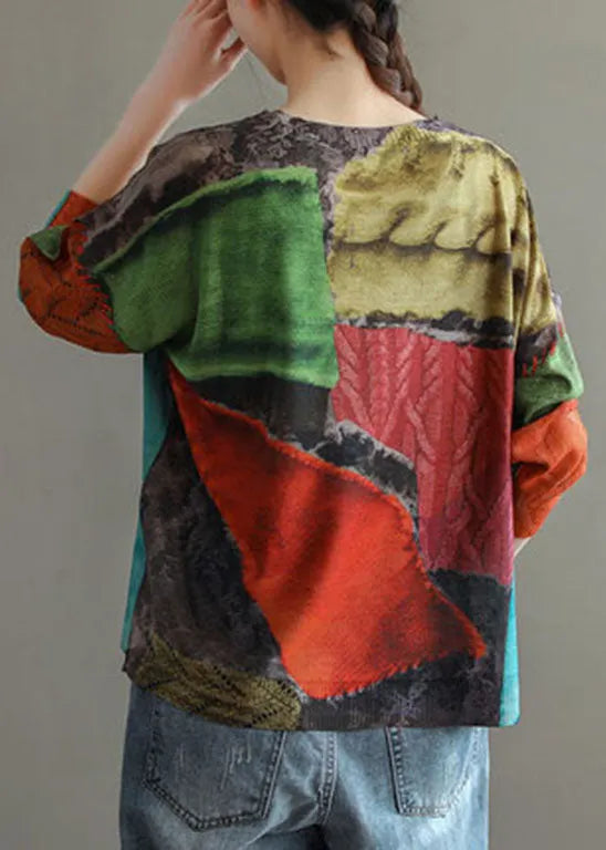 Colorblock O-neck Print Knit Tops Long Sleeve