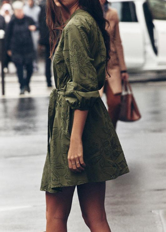 Army Green Hollow Out Tie Waist Cotton Mid Dress Bracelet Sleeve