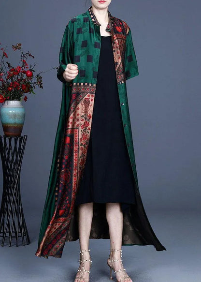 French Khaki Stand Collar Print Retro Summer Chiffon Cardigan