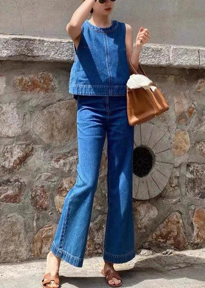 Boutique Denim Blue Patchwork Top and Wide Leg Pants Two Piece Set Sleeveless