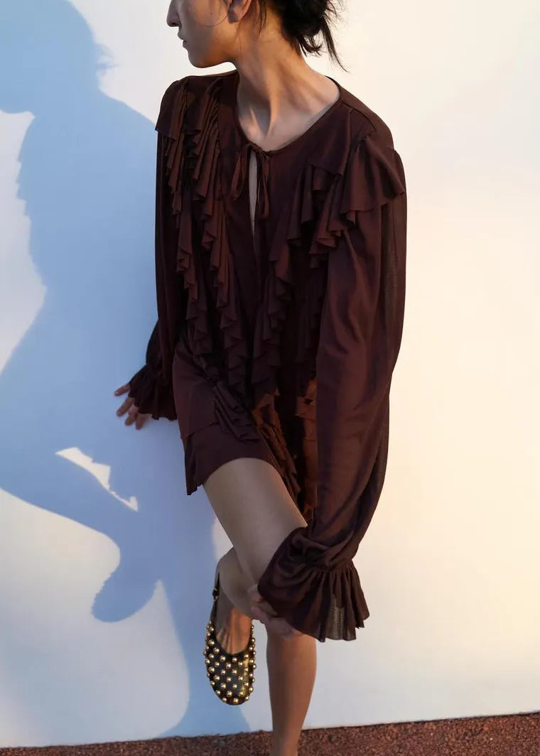 Chocolate Ruffled Lace Up Cotton Mini Dress Butterfly Sleeve