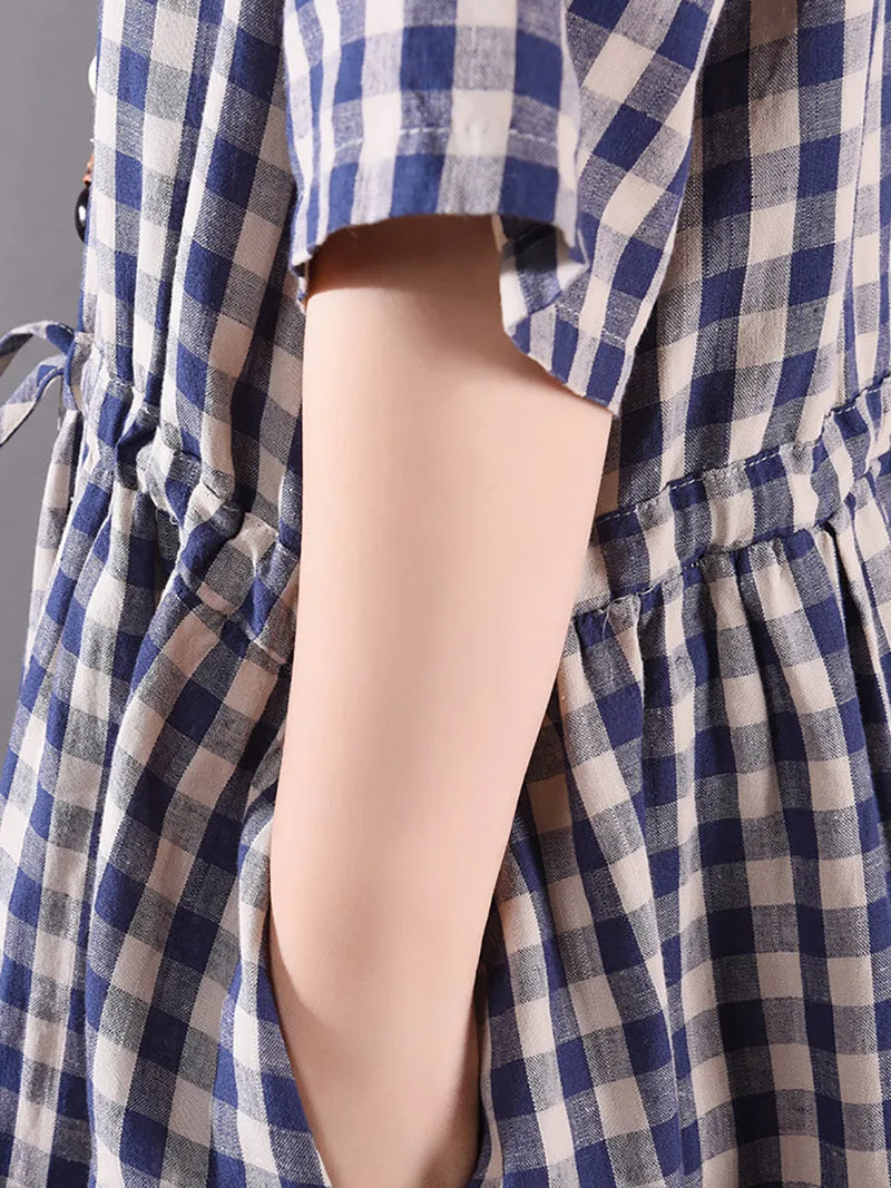 Summer Plaid Strap Linen Cotton Dress