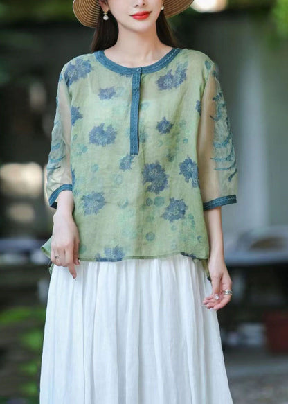 Green O Neck Organza Embroidered Patchwork Linen Top Summer