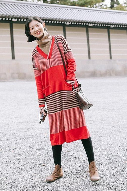 Red Striped Loose Sweater Dresses Clothes