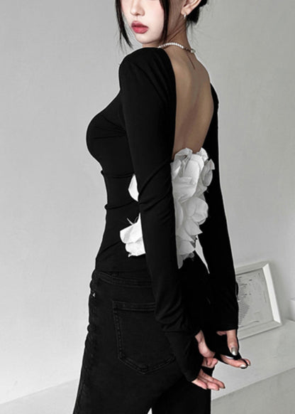 Black Patchwork Hollow Out Backless Top Fall