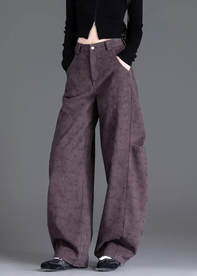 Purple Pockets Print Wrinkled Denim Pants Spring