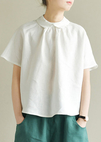 Simple Black Peter Pan Collar Linen Shirt Summer