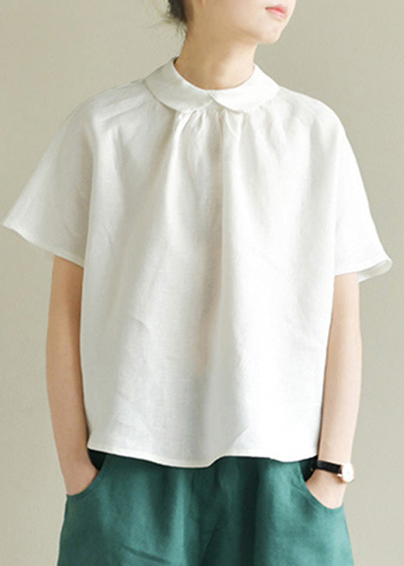 Simple Black Peter Pan Collar Linen Shirt Summer
