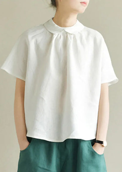 Simple White-flower Peter Pan Collar Linen Shirt Summer