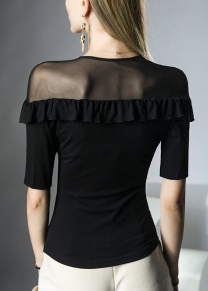 Italian White V Neck Ruffled Patchwork Tulle Top Summer