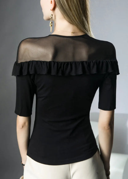 Italian White V Neck Ruffled Patchwork Tulle Top Summer