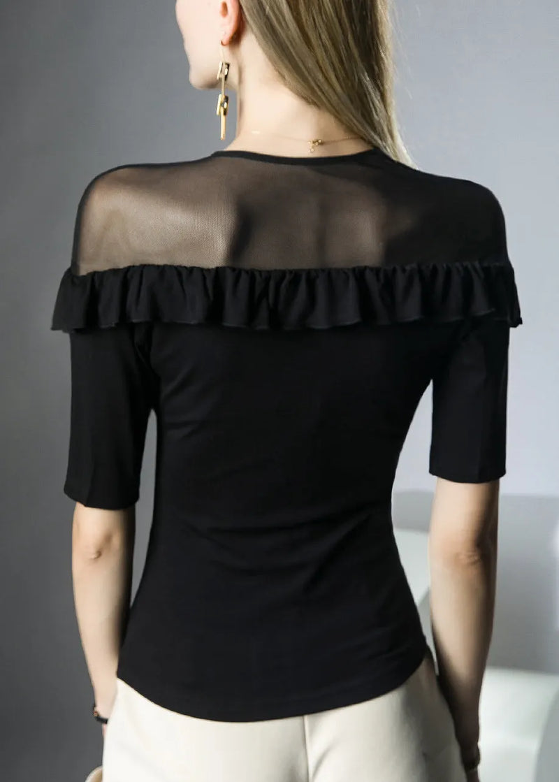 Italian White V Neck Ruffled Patchwork Tulle Top Summer