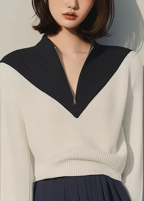 Apricot Zip Up Patchwork Knit Sweaters Winter