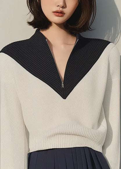 Apricot Zip Up Patchwork Knit Sweaters Winter