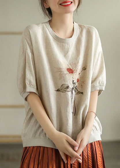 Stylish Linen Color O-neck Oversized Print Linen Tank Tops Short Sleeve