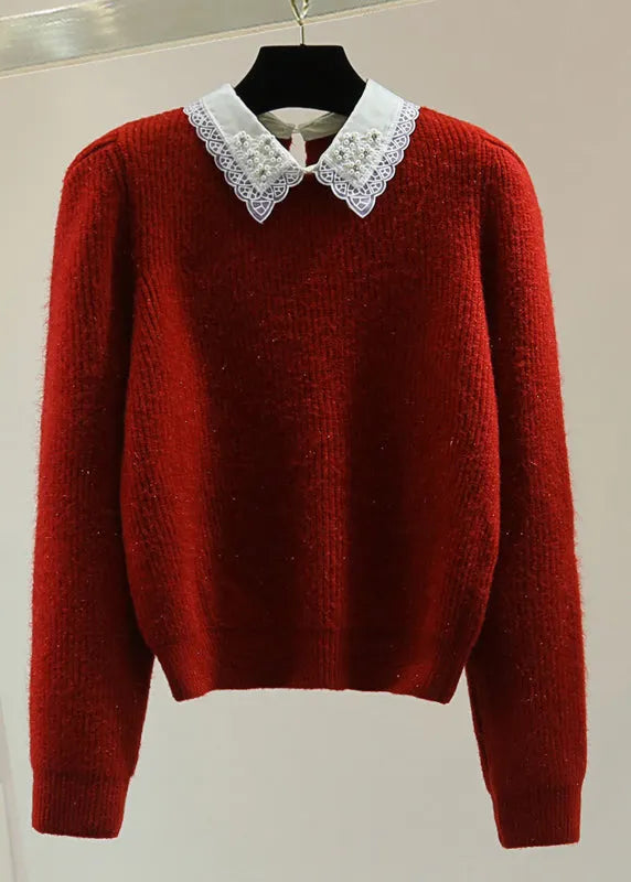 Red Peter Pan Collar Nail Bead Cotton Knit Sweater Winter