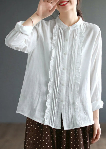 White Stand Collar Ruffled Patchwork Cotton Blouse Tops Spring