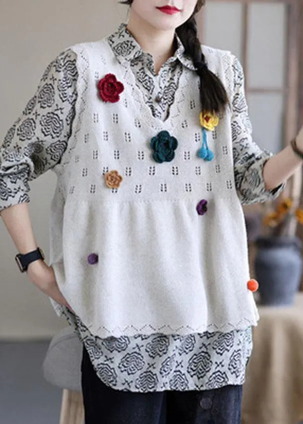 Beige Embroidered Hollow Out Fall Knit Vest Sleeveless