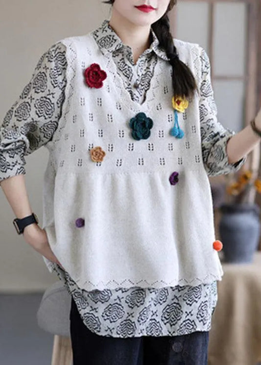 Beige Embroidered Hollow Out Fall Knit Vest Sleeveless