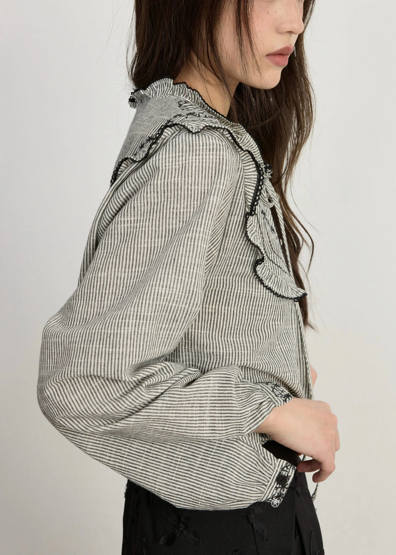 Art Striped Embroidered Lace Up Cotton Blouses Spring