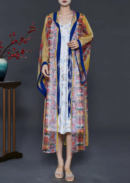 Yellow Hooded Print Chiffon Upf 50+ Cardigan Summer