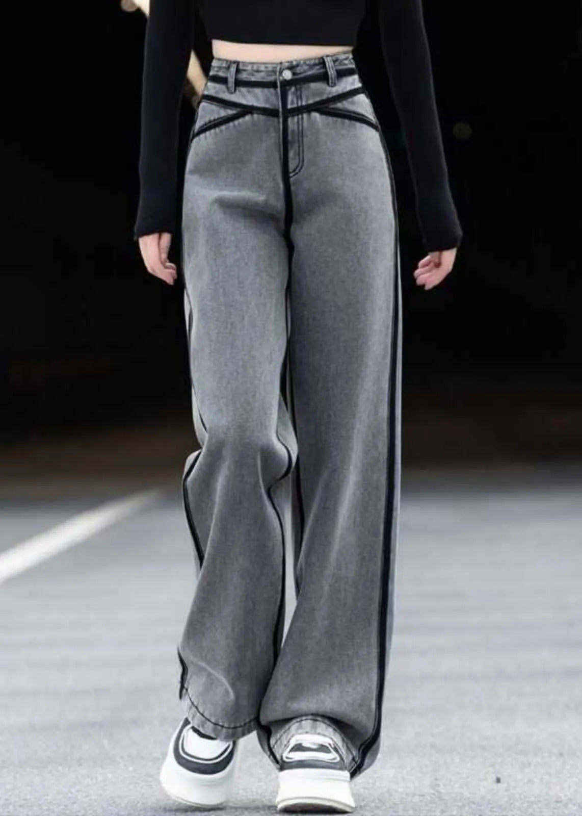 New Grey Pockets Striped Patchwork Denim Pants Spring