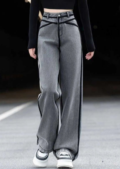 New Grey Pockets Striped Patchwork Denim Pants Spring