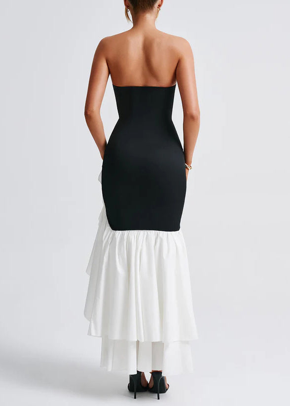Boutique Black Asymmetrical Patchwork Cotton Strapless Dress