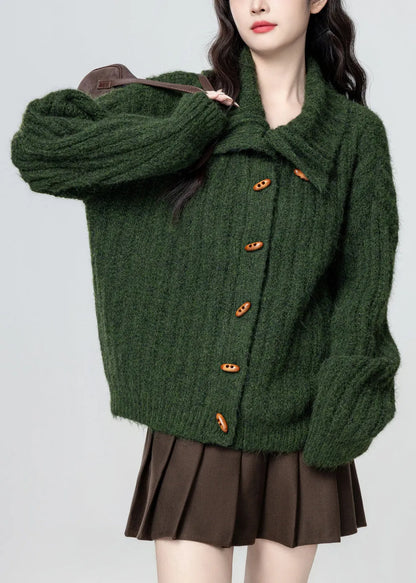 Green Stand Collar Button Cozy Knit Coat Winter