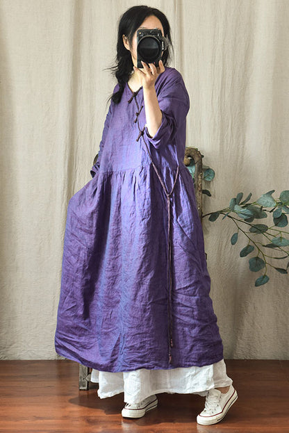 -spring Retro Linen Buckle Dress