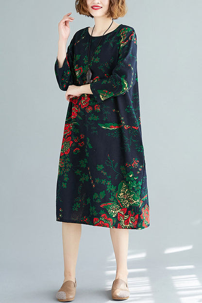 - Loose Long Sleeve Printed Cotton Linen Dress