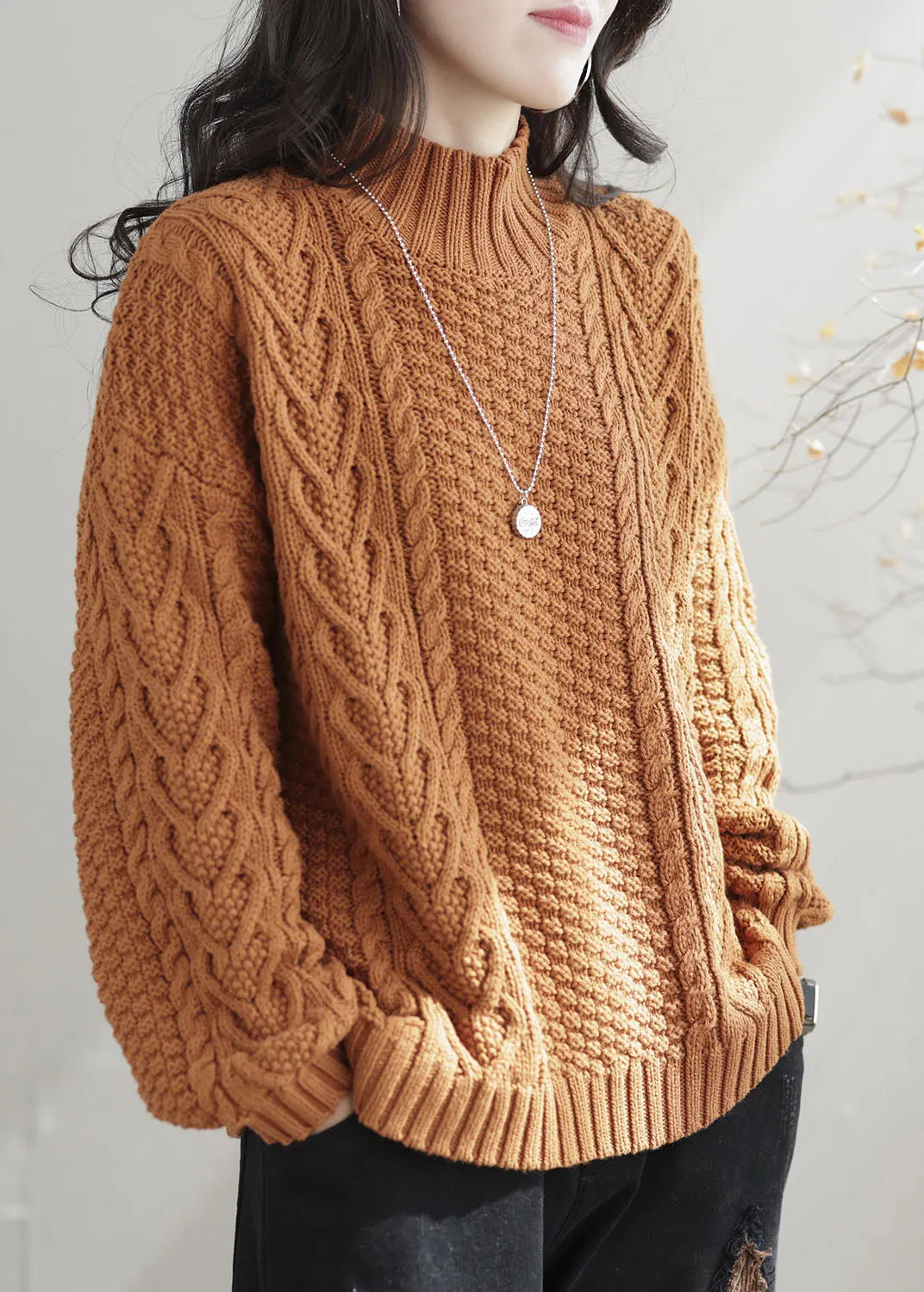 Orange High Neck Chunky Oversized Cable Knit Sweater Winter