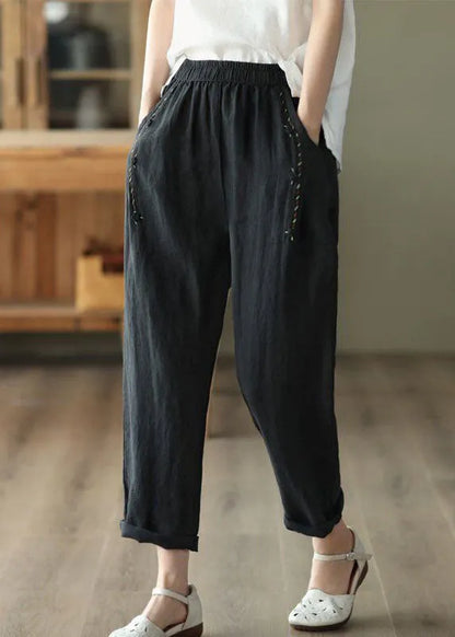 Black Pocketspatchwork Linen Pants Summer