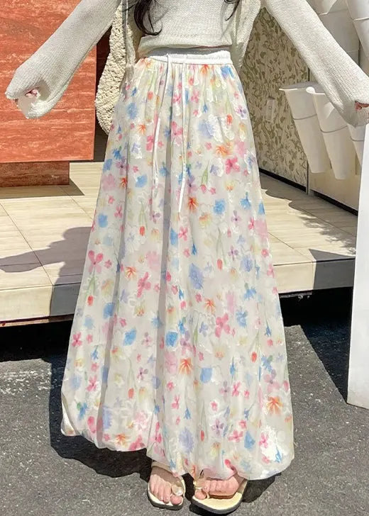 Art Print Lace Up Elastic Waist Chiffon Skirts Summer