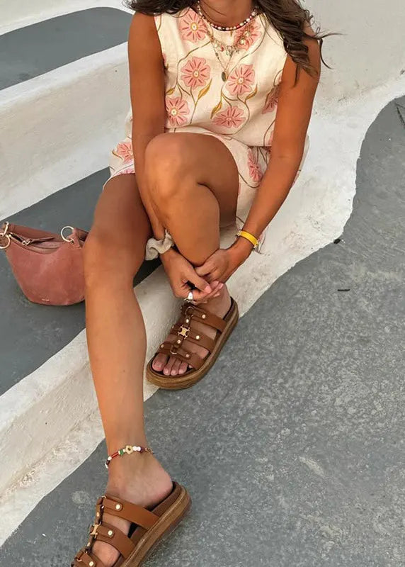 Italian Pink O Neck Print Cotton Mini Dresses Sleeveless