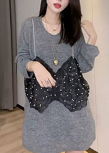 French Black O-neck Lace Patchwork Fake Two Pieces Knit Tops Fall