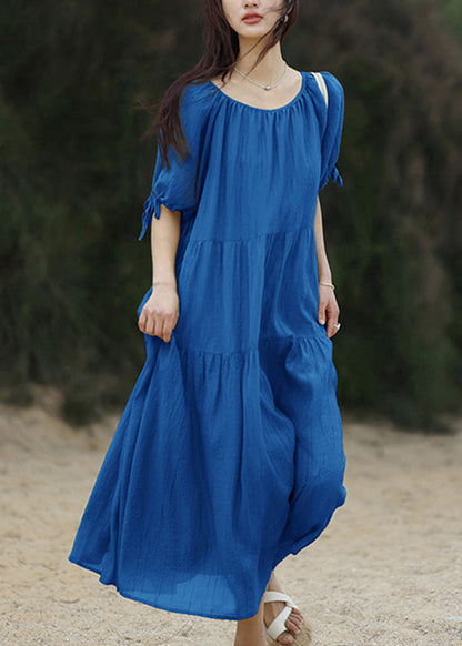 Brief Blue O-neck Patchwork Long Dresses Summer