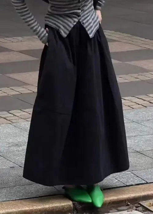 Art Black Pockets Elastic Waist Cotton Skirt Fall