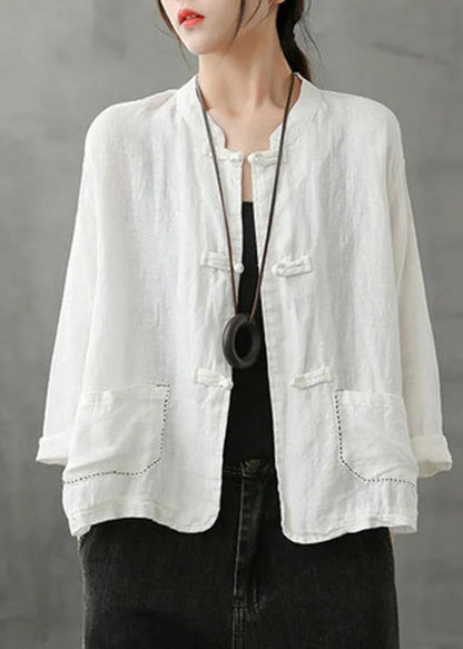 Boutique Green Stand Collar Embroidered Patchwork Linen Coat