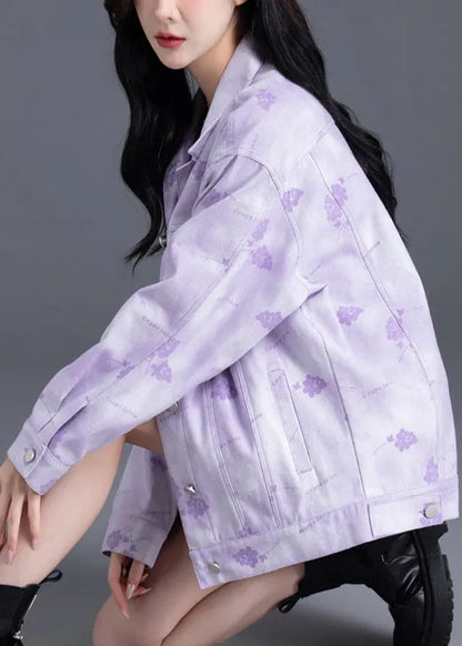 Purple Oversized Print Denim Coat Outwear Spring
