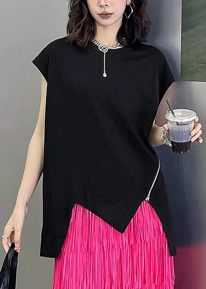 Black O-neck Zippered Top Summer