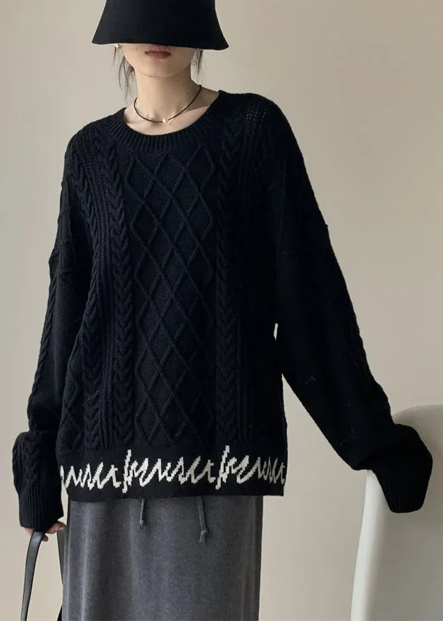 French Black O-neck Letter Cable Knit Sweaters Winter