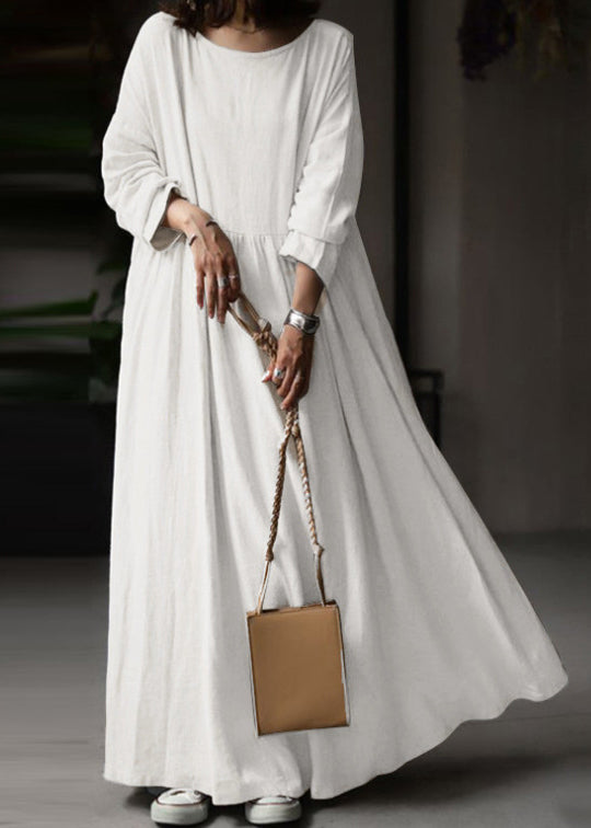 Loose White O Neck Cotton Maxi Dress Long Sleeve