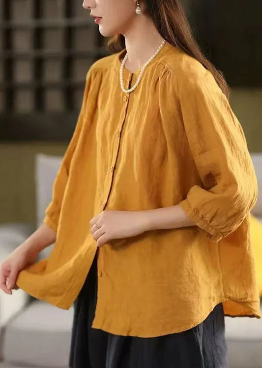 Handmade Yellow Oversized Linen Blouses Bracelet Sleeve
