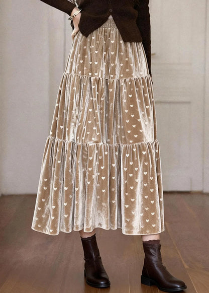 Khaki Love Print Patchwork Silk Velvet Skirts Spring