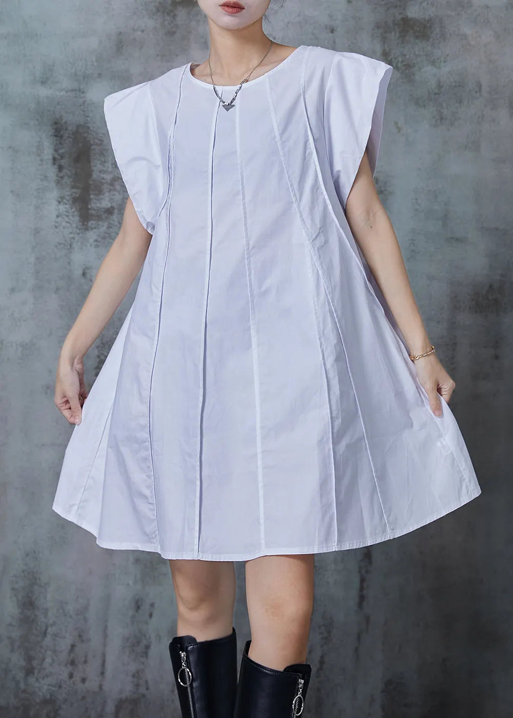 French White Wrinkled Cotton a Line Dress Summer