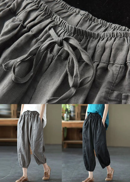 Grey Pockets Patchwork Linen Harem Pants Elastic Waist Summer
