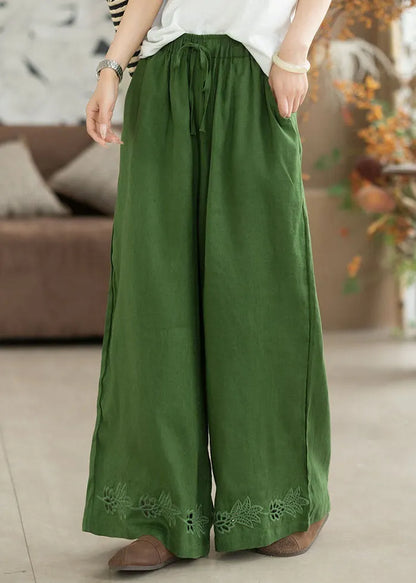 Italian Green Embroidered Hollow Out Linen Straight Pants Summer